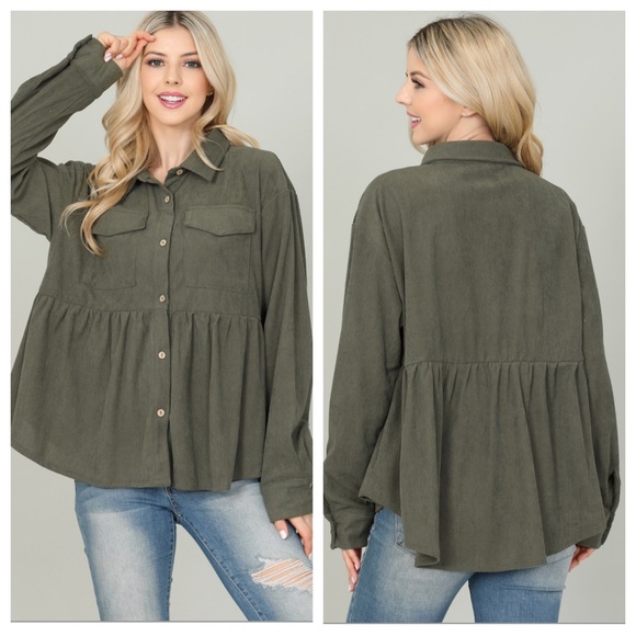 llove Tops - Boutique corduroy button up peplum hem top